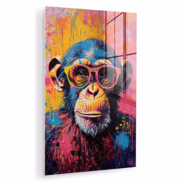 Glas schilderij - Graffiti - Chimpansee - Aap - Bril - Kleurrijk — 1