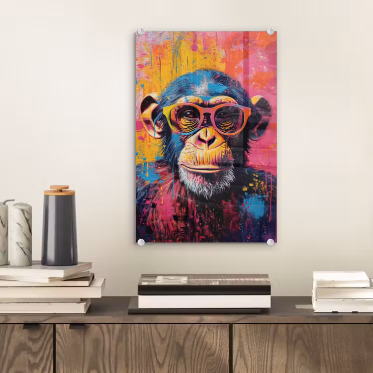 Glas schilderij - Graffiti - Chimpansee - Aap - Bril - Kleurrijk — 2