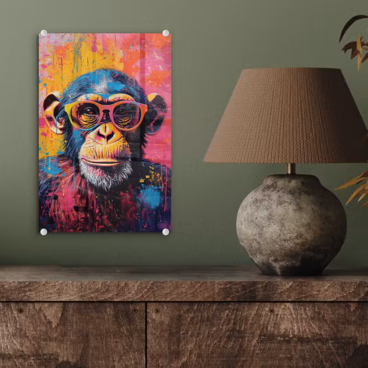 Glas schilderij - Graffiti - Chimpansee - Aap - Bril - Kleurrijk — 4
