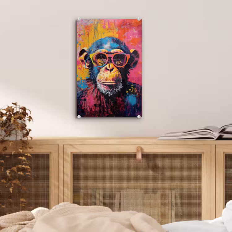 Glas schilderij - Graffiti - Chimpansee - Aap - Bril - Kleurrijk — 5
