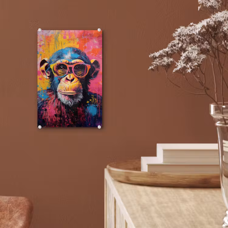 Glas schilderij - Graffiti - Chimpansee - Aap - Bril - Kleurrijk — 6