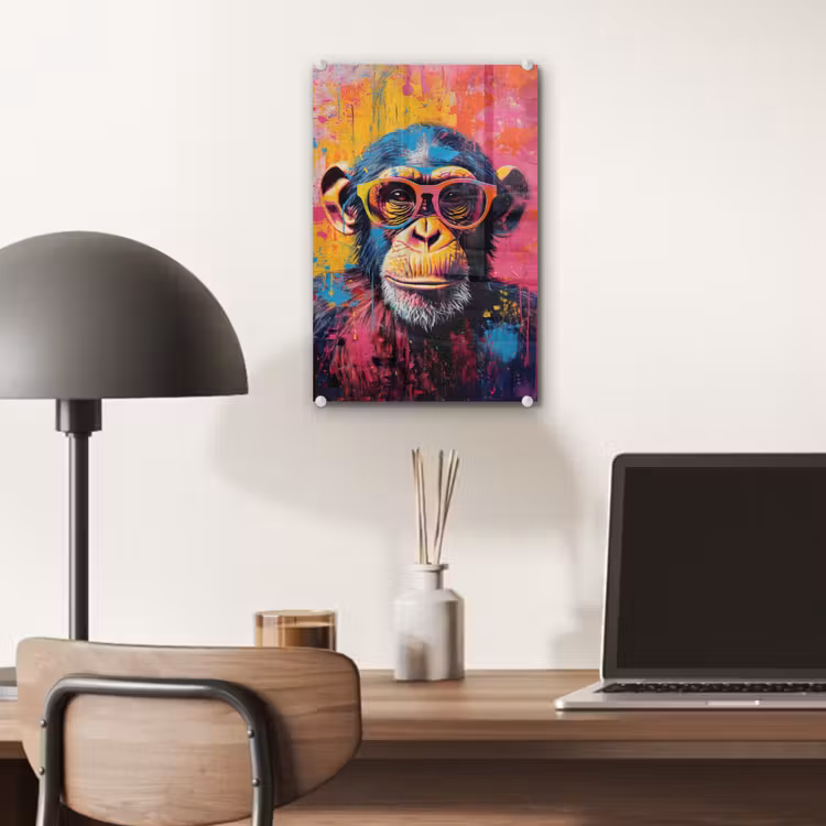 Glas schilderij - Graffiti - Chimpansee - Aap - Bril - Kleurrijk — 7
