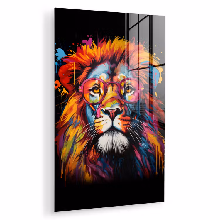 Glas schilderij - Graffiti - Leeuw - Bril - Zwart — 1