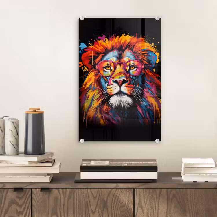Glas schilderij - Graffiti - Leeuw - Bril - Zwart — 2
