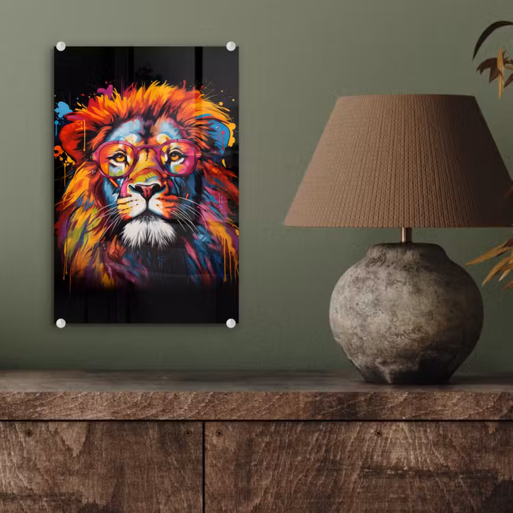 Glas schilderij - Graffiti - Leeuw - Bril - Zwart — 4
