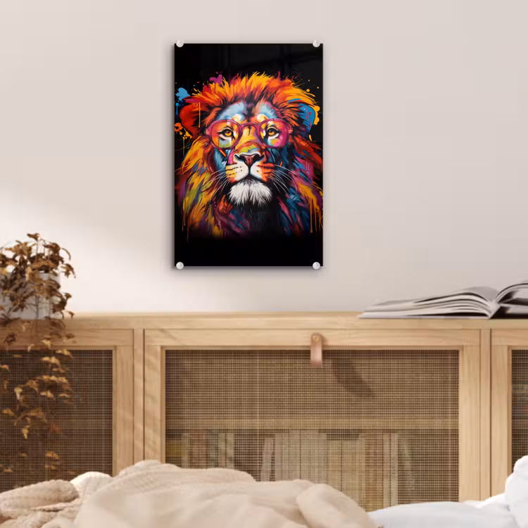 Glas schilderij - Graffiti - Leeuw - Bril - Zwart — 5