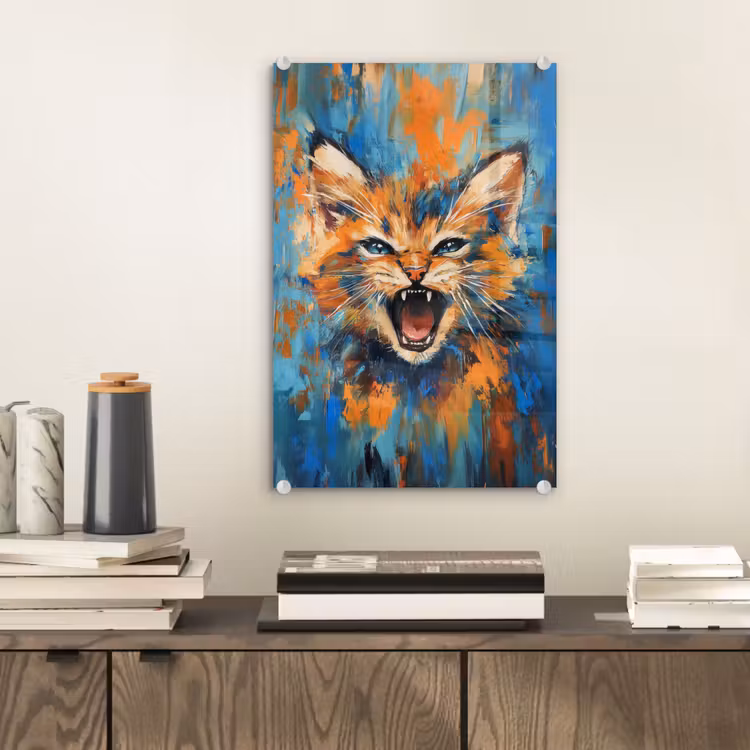 Glas schilderij - Kat - Kleurrijk - Oranje - Blauw — 2