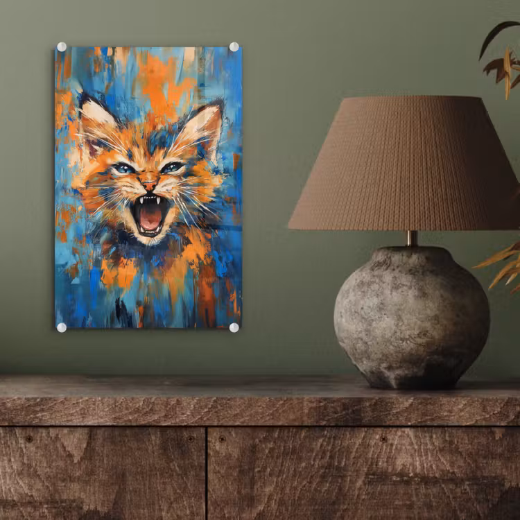 Glas schilderij - Kat - Kleurrijk - Oranje - Blauw — 4