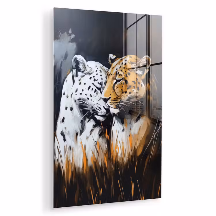 Glas schilderij - Luipaard - Oranje - Wit - Gras — 1