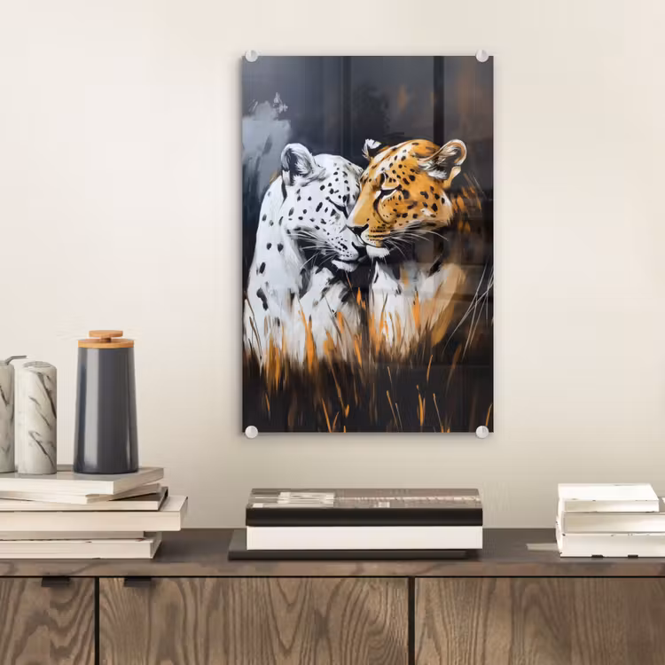 Glas schilderij - Luipaard - Oranje - Wit - Gras — 2