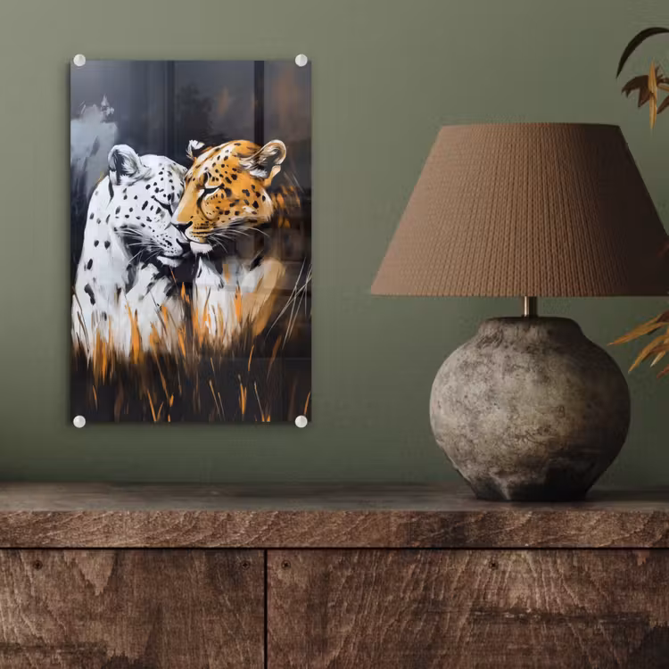 Glas schilderij - Luipaard - Oranje - Wit - Gras — 4