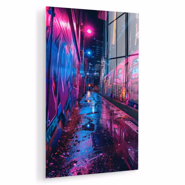 Glas schilderij - Stad - Neon - Nacht - Roze - Graffiti — 1