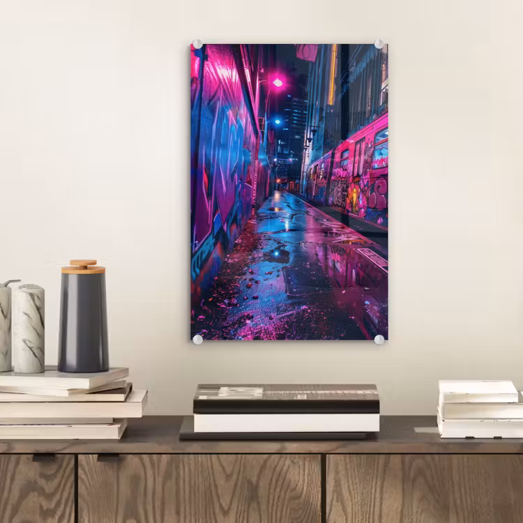 Glas schilderij - Stad - Neon - Nacht - Roze - Graffiti — 2