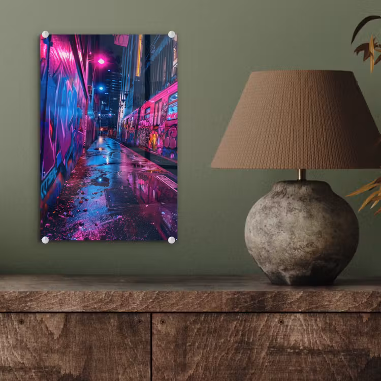 Glas schilderij - Stad - Neon - Nacht - Roze - Graffiti — 4