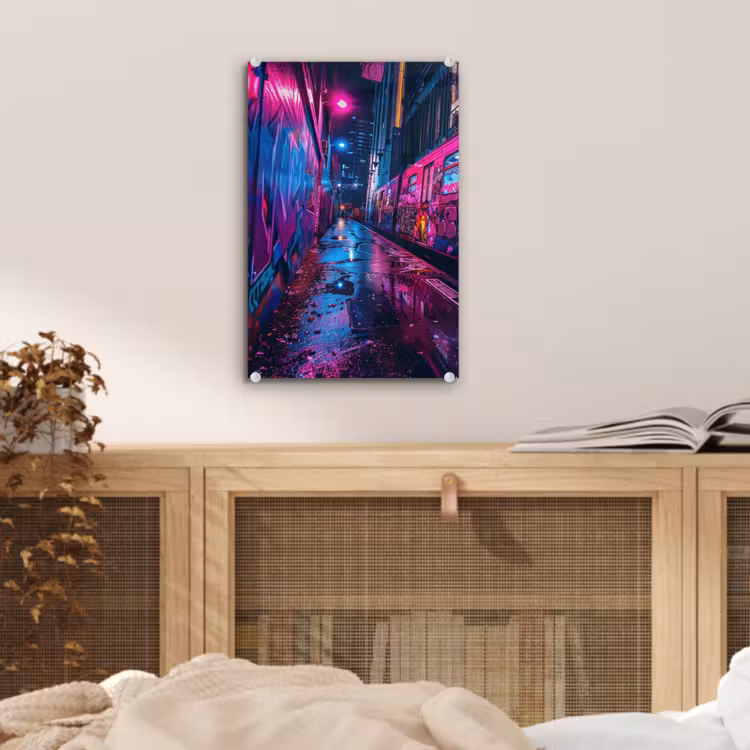Glas schilderij - Stad - Neon - Nacht - Roze - Graffiti — 5