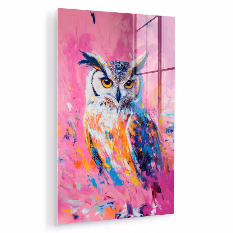 Glas schilderij - Uil - Roze - Blauw - Verf - Abstract — 1