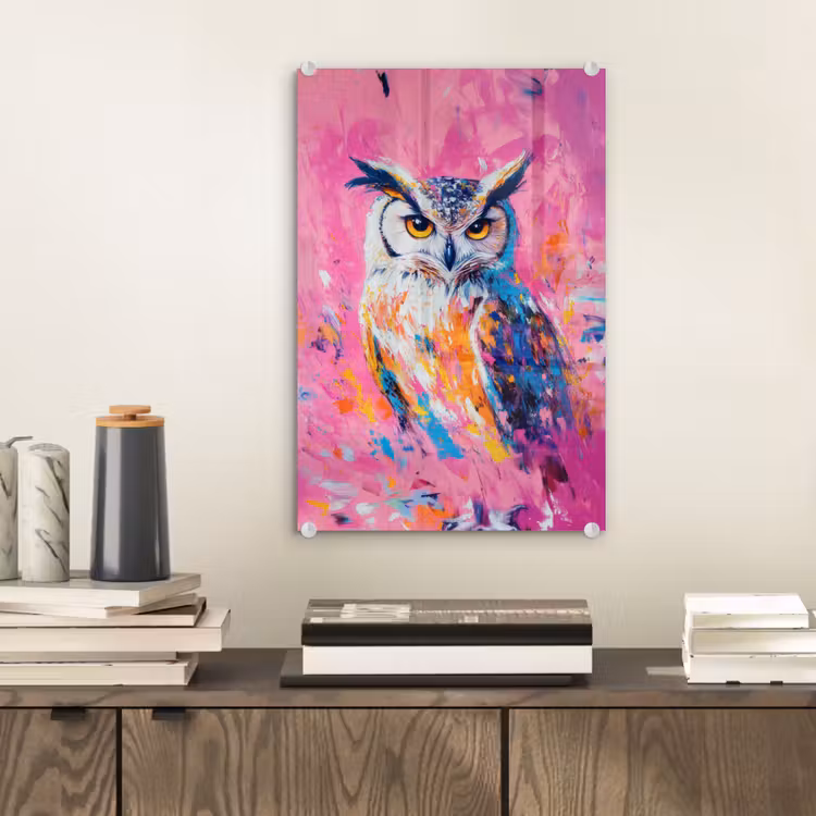 Glas schilderij - Uil - Roze - Blauw - Verf - Abstract — 2