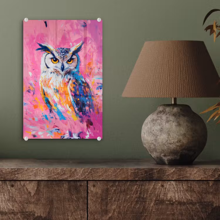 Glas schilderij - Uil - Roze - Blauw - Verf - Abstract — 4
