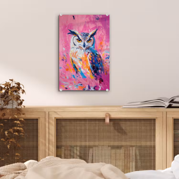 Glas schilderij - Uil - Roze - Blauw - Verf - Abstract — 5