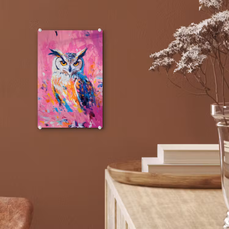 Glas schilderij - Uil - Roze - Blauw - Verf - Abstract — 6