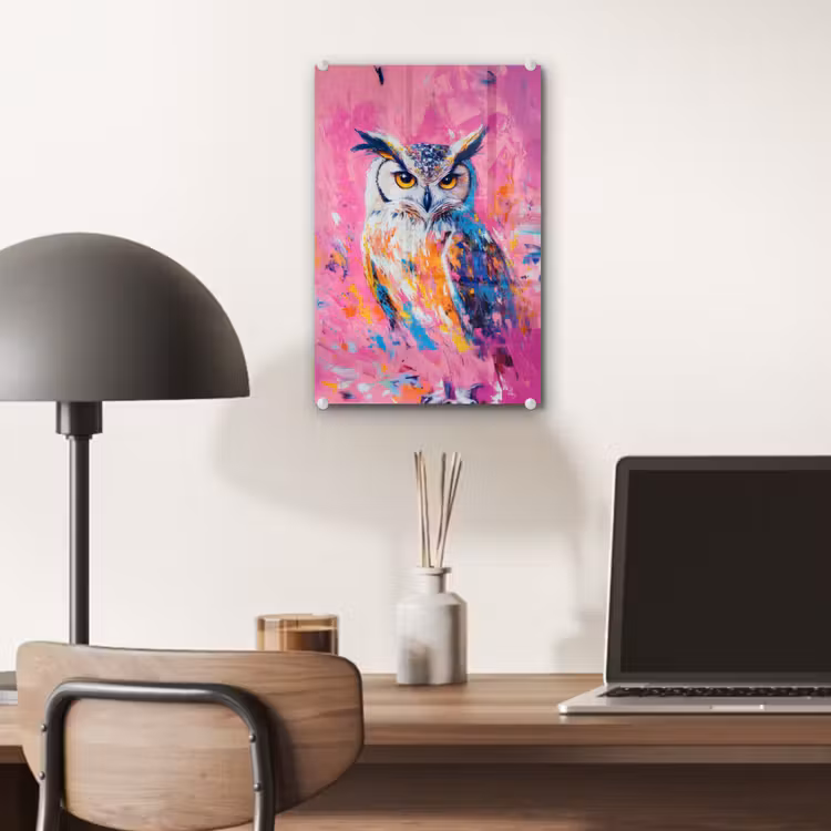 Glas schilderij - Uil - Roze - Blauw - Verf - Abstract — 7