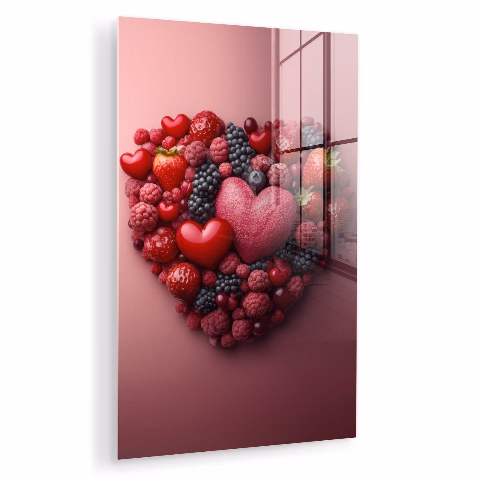 Glas schilderij - Fruit - Hartjes - Aardbeien - Frambozen - Bosbessen — 1