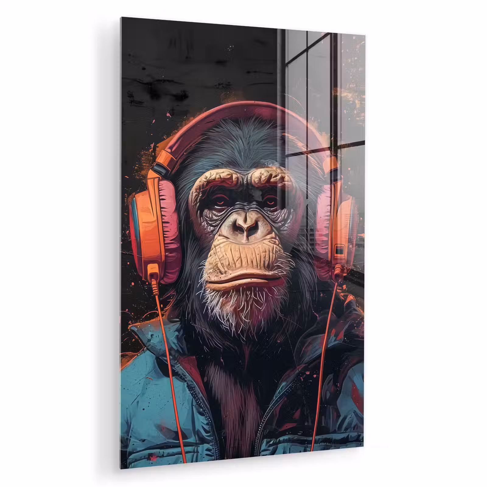 Glas schilderij - Graffiti - Chimpansee - Koptelefoon - Aap — 1