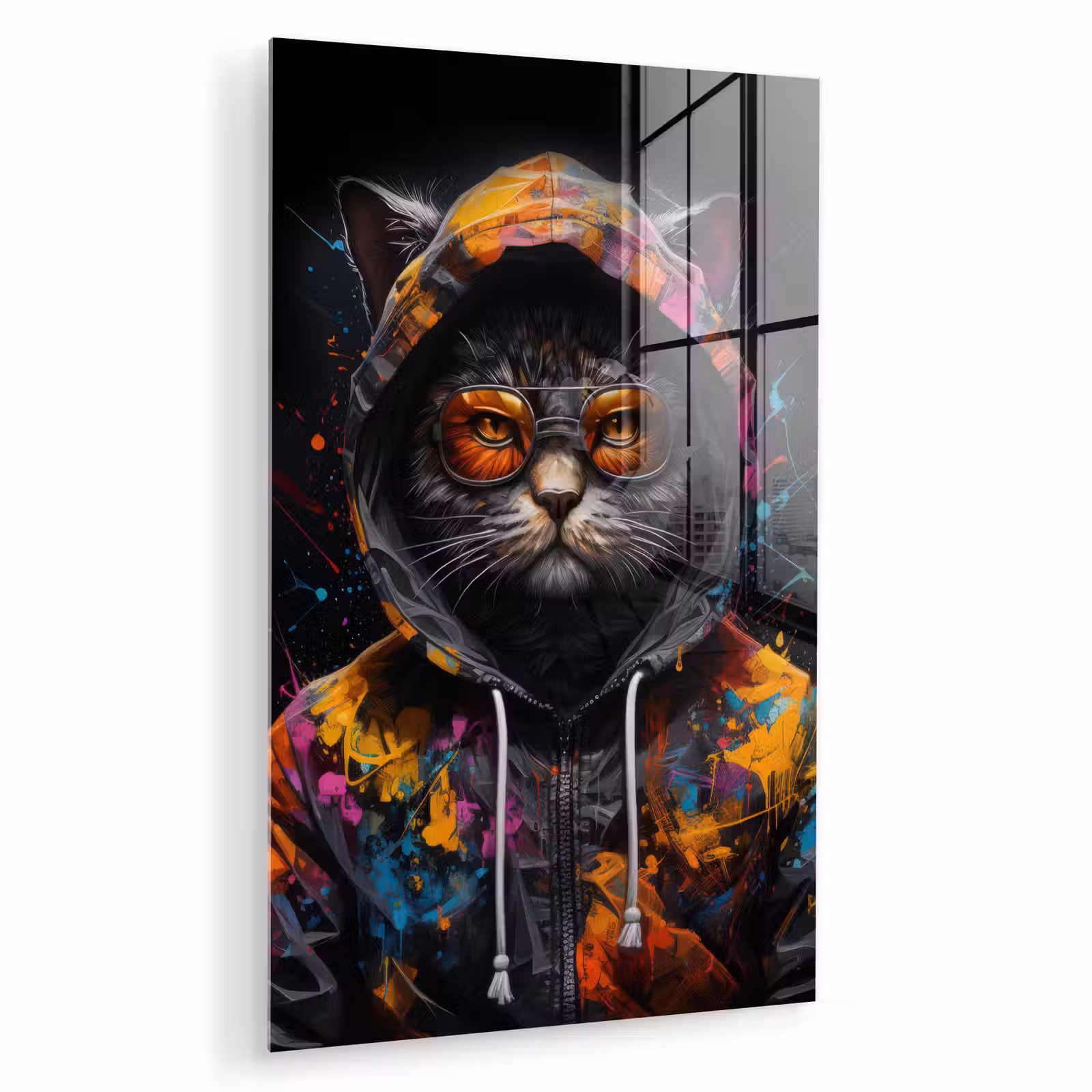 Glas schilderij - Kat - Jas - Graffiti - Bril - Zwart — 1