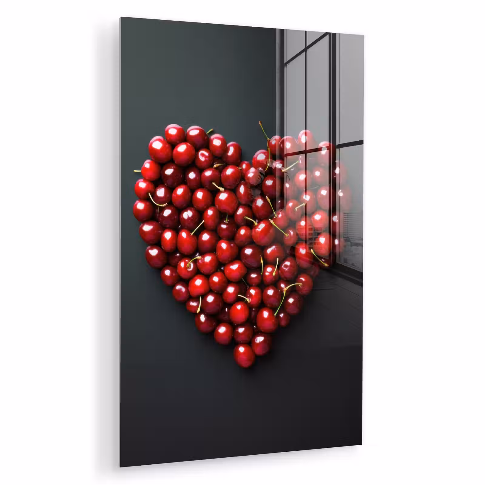 Glas schilderij - Kersen - Hart - Rood - Zwart — 1