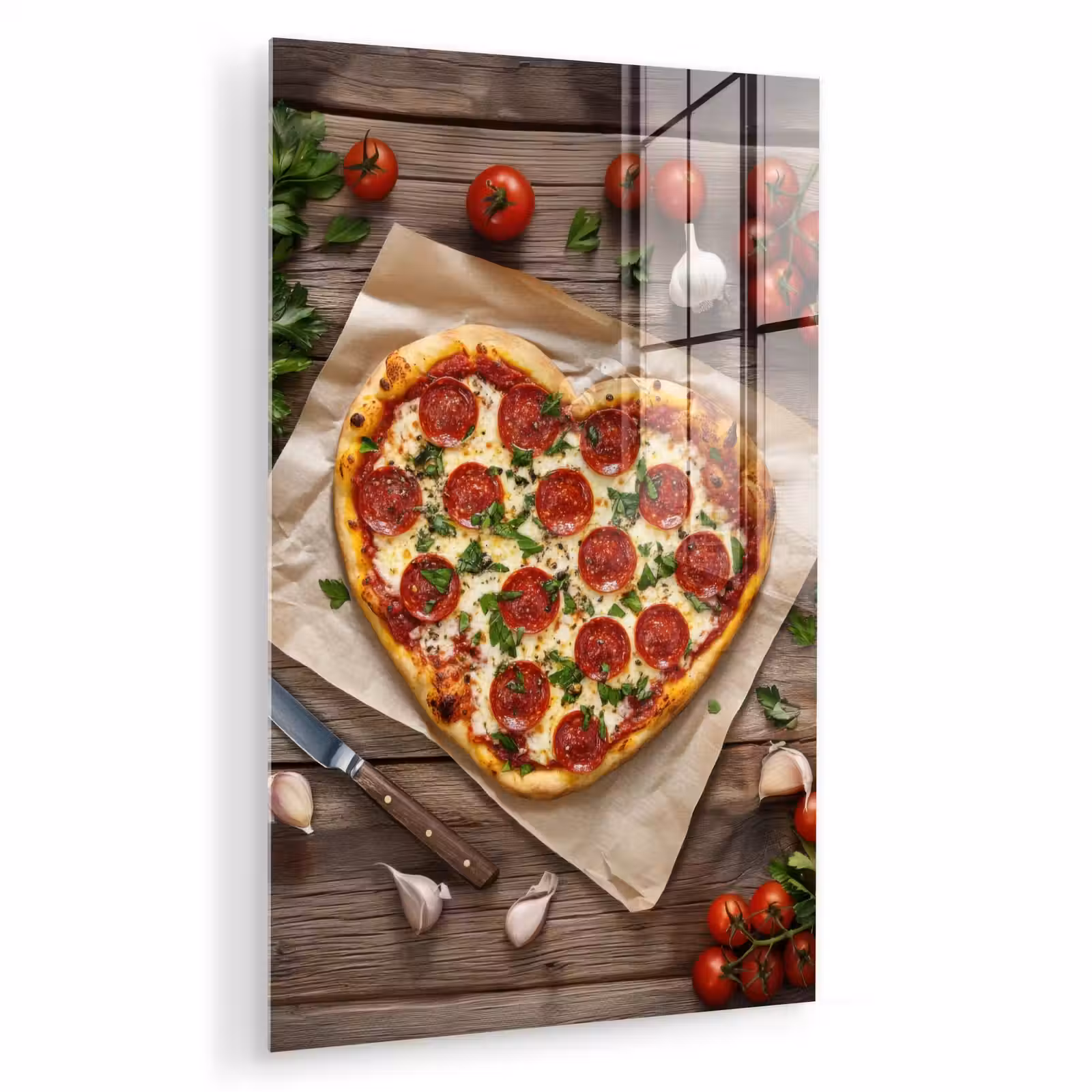 Glas schilderij - Pizza - Hart - Pepperoni - Tomaat — 1
