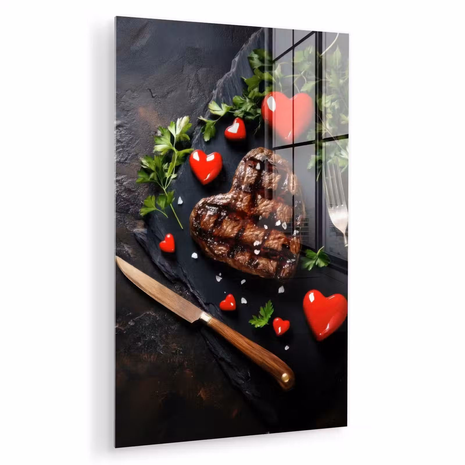 Glas schilderij - Steak - Hart - Bestek — 1