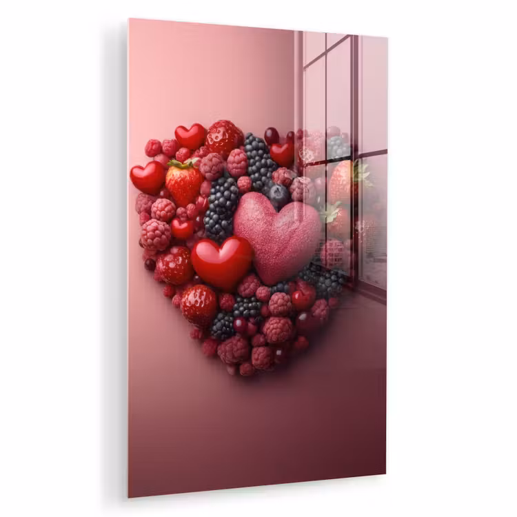 Glas schilderij - Fruit - Hartjes - Aardbeien - Frambozen - Bosbessen — 1