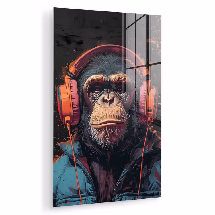 Glas schilderij - Graffiti - Chimpansee - Koptelefoon - Aap — 1