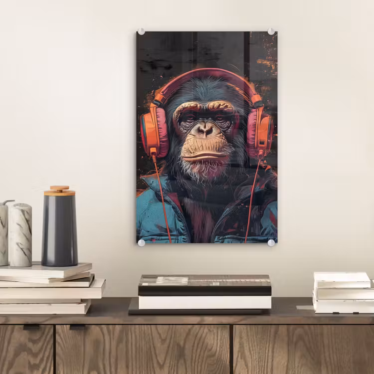 Glas schilderij - Graffiti - Chimpansee - Koptelefoon - Aap — 2