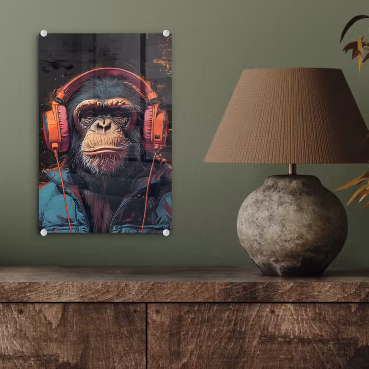 Glas schilderij - Graffiti - Chimpansee - Koptelefoon - Aap — 4