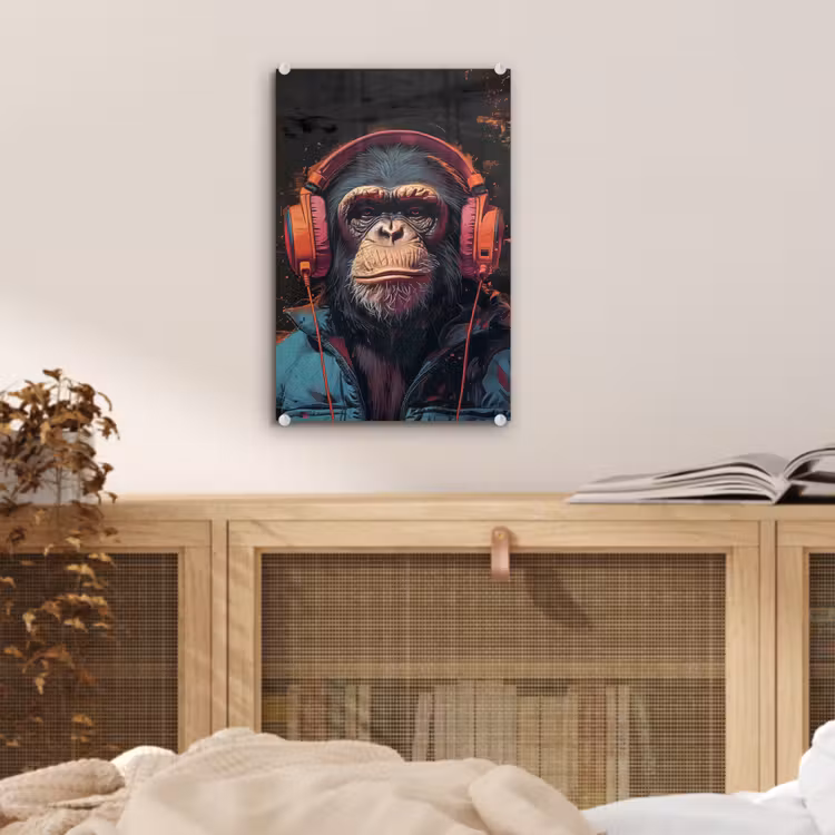 Glas schilderij - Graffiti - Chimpansee - Koptelefoon - Aap — 5