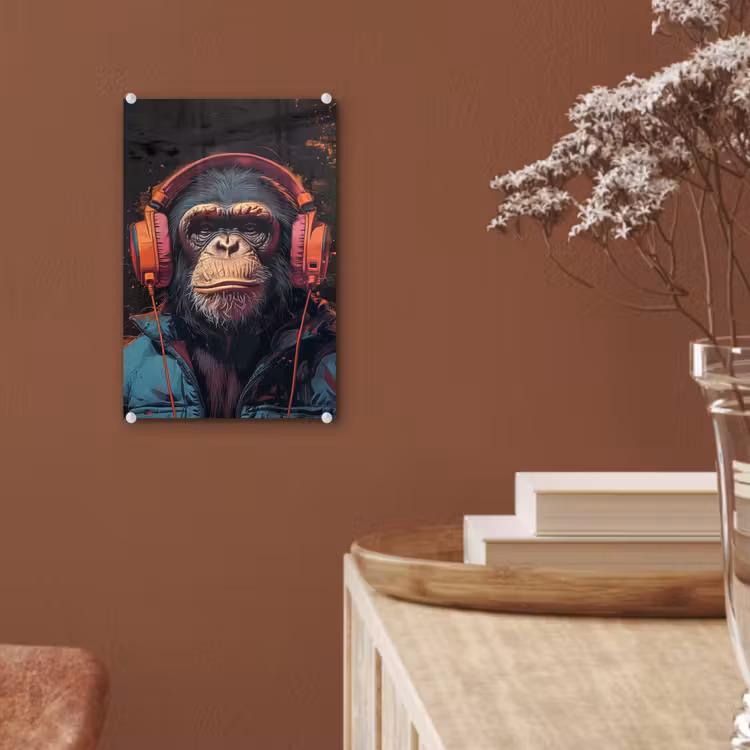 Glas schilderij - Graffiti - Chimpansee - Koptelefoon - Aap — 6