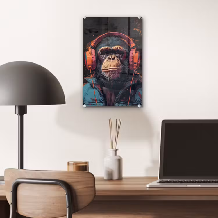 Glas schilderij - Graffiti - Chimpansee - Koptelefoon - Aap — 7