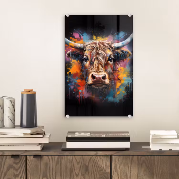Glas schilderij - Graffiti - Schotse hooglander - Zwart - Koe — 2