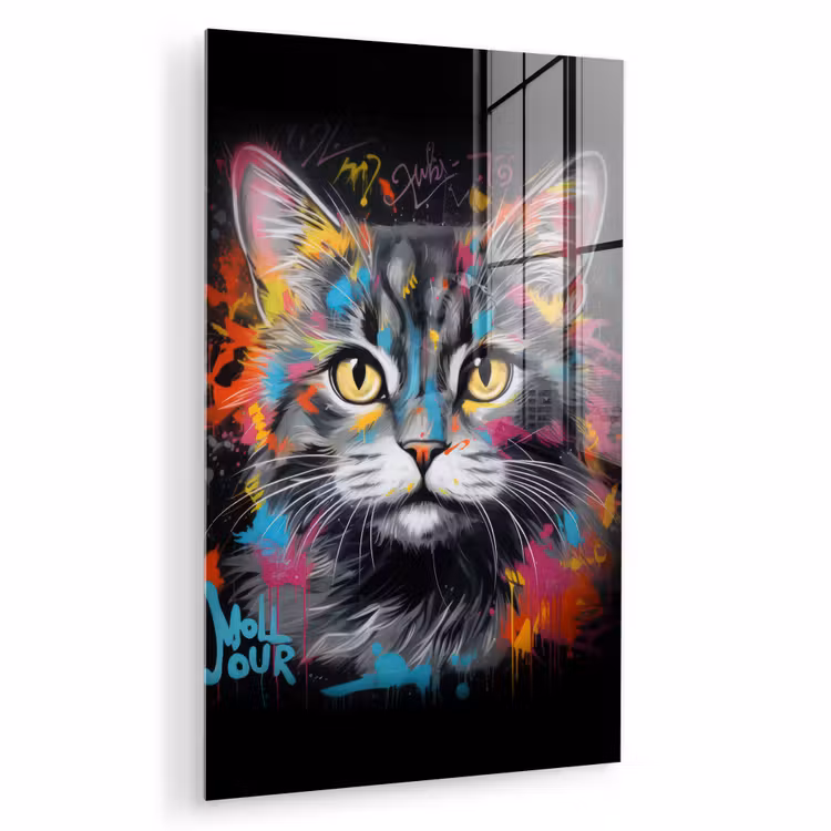 Glas schilderij - Kat - Graffiti - Dieren - Kleuren - Grijs — 1