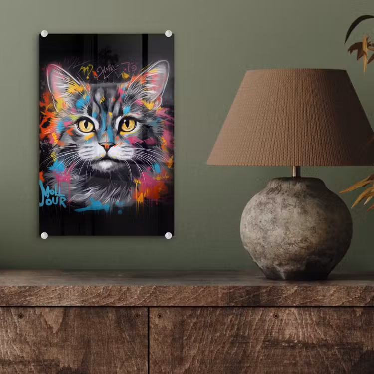 Glas schilderij - Kat - Graffiti - Dieren - Kleuren - Grijs — 4