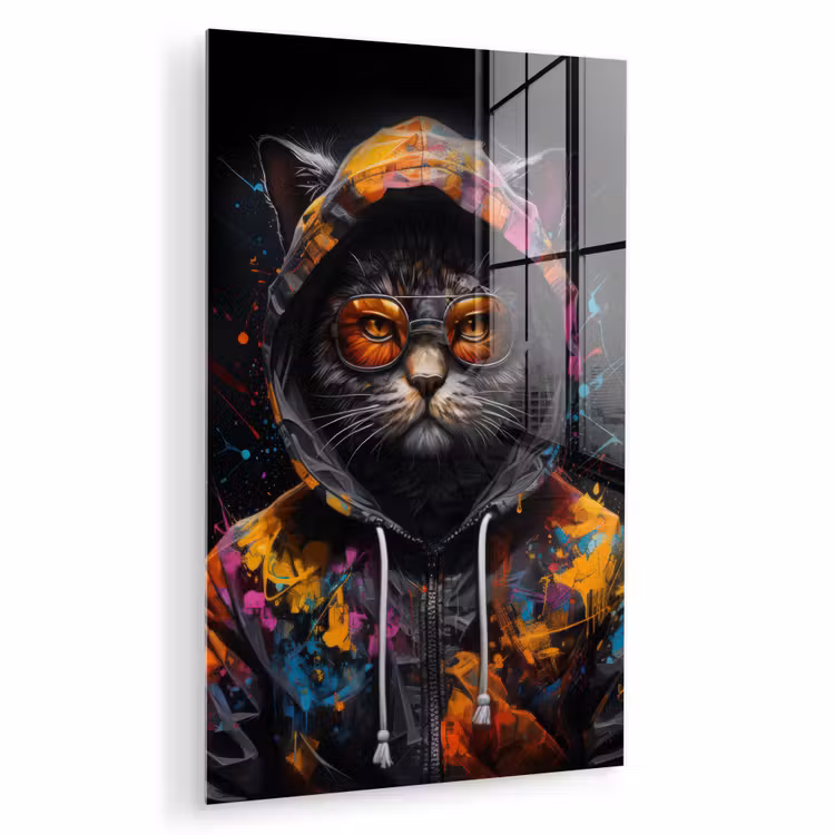 Glas schilderij - Kat - Jas - Graffiti - Bril - Zwart — 1
