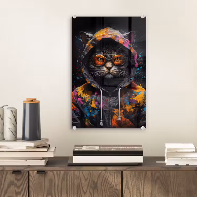 Glas schilderij - Kat - Jas - Graffiti - Bril - Zwart — 2