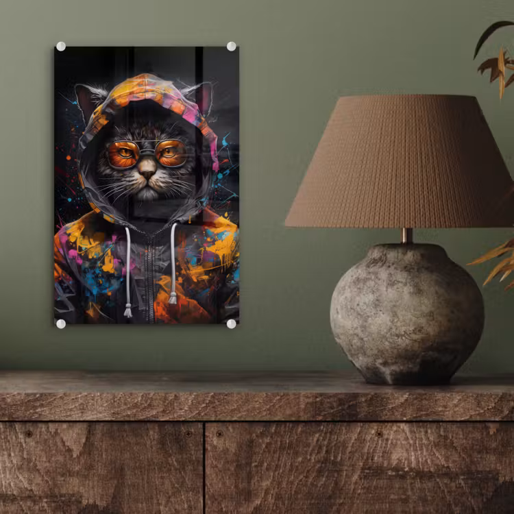 Glas schilderij - Kat - Jas - Graffiti - Bril - Zwart — 4