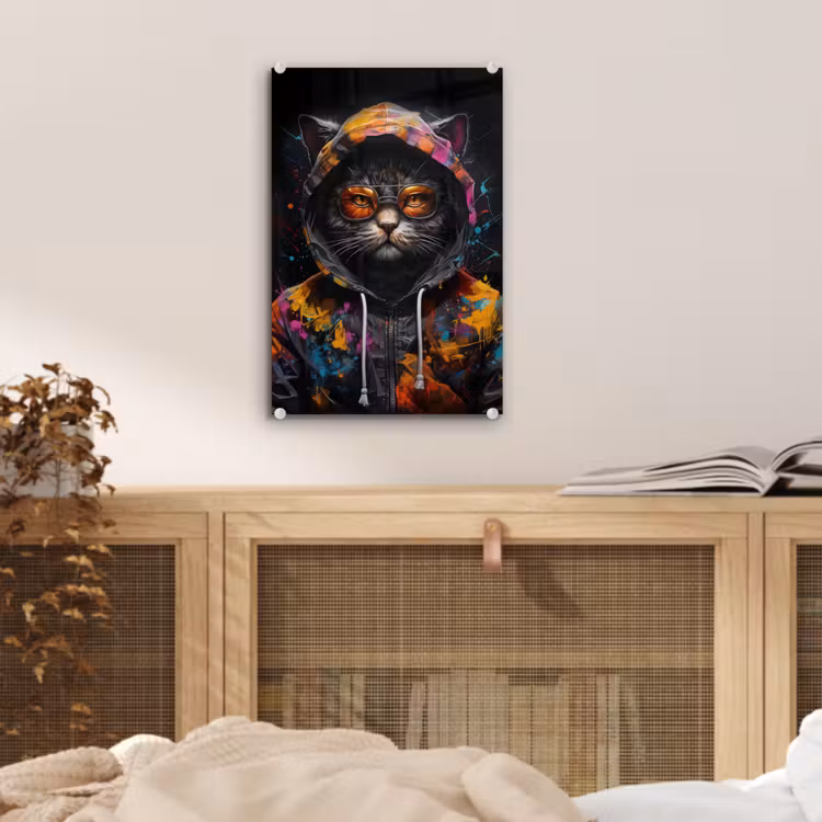 Glas schilderij - Kat - Jas - Graffiti - Bril - Zwart — 5