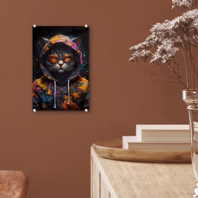 Glas schilderij - Kat - Jas - Graffiti - Bril - Zwart — 6