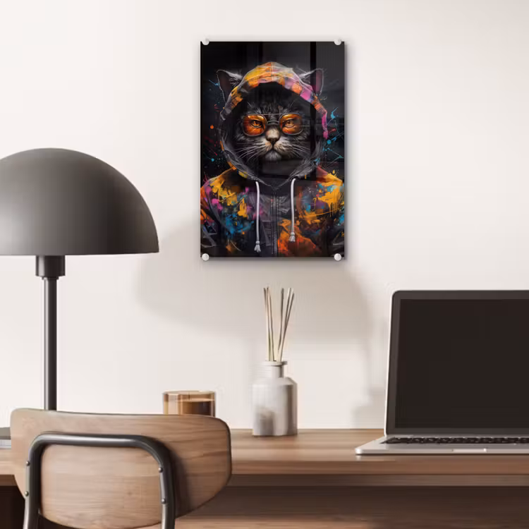 Glas schilderij - Kat - Jas - Graffiti - Bril - Zwart — 7