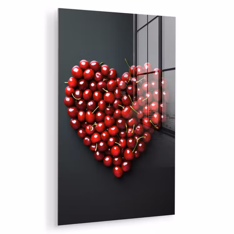 Glas schilderij - Kersen - Hart - Rood - Zwart — 1