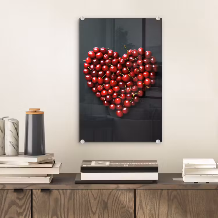 Glas schilderij - Kersen - Hart - Rood - Zwart — 2