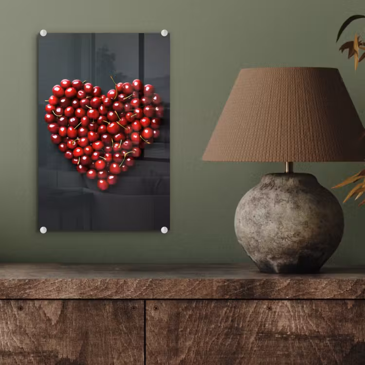 Glas schilderij - Kersen - Hart - Rood - Zwart — 4